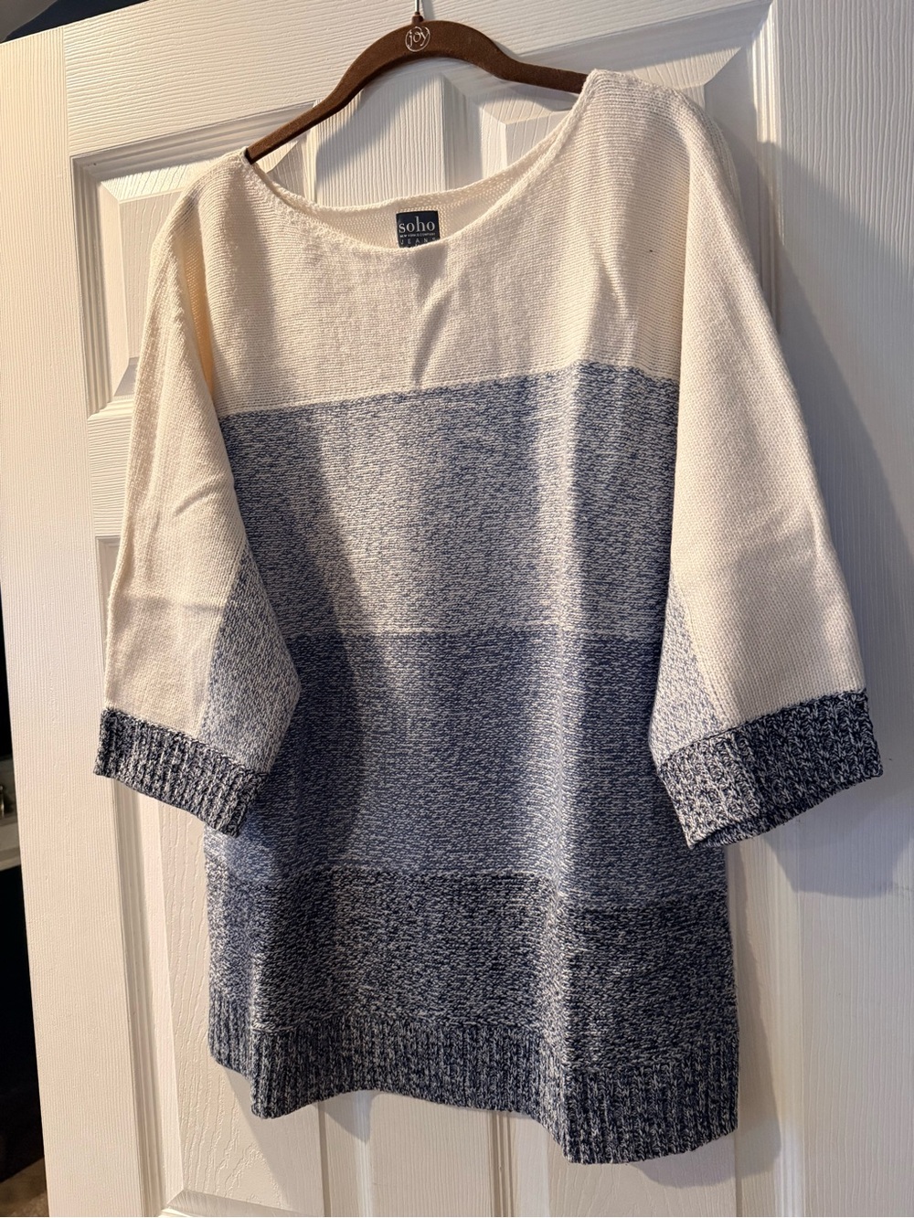 New York & Company Cream and Blue Colorblock Knit Top